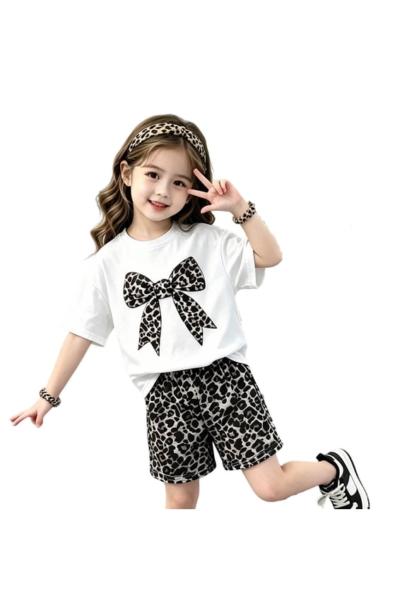 Child Lightweight Girls' Summer Two Piece With Bowknot Pattern Tops And Leopard Print Shorts For Toddler Girls Casual Kids Outfit Sets Easy Everyday Wear Clothing Sets,White,4-5 Years