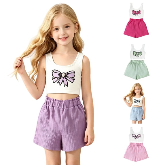 CUZIBR Child Summer Girls Outfit Sets 2 Piece O-Neck Cute Sleeveless Tops And Shorts Casual Playwear Breathable Toddler Kids Clothing Sets,Purple,9-10 Years