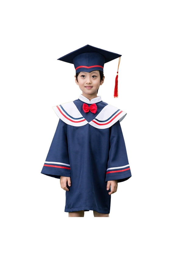 Children Girls Boys Preschool Graduation Cap Gown Long Sleeve Striped Cute Bow Stand Collared Color Block Loose Fit Relaxed Oversized Long Robe Tassel Classic Clothes Outfits,Blue,2-3 Years