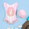 thumbnail image 1 of CUZIBR Children Girls Easter Bunny Graphic One Piece Swimsuit Ruffles Sleeveless Bodysuit Swimwear Cartoon Rabbit Striped Bathing Suit With Hat Pool 50+ Sun Protection Beachwear,A,4-5 Years, 1 of 9