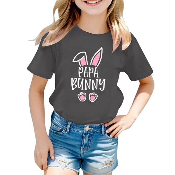 CUZIBR Children Girls Tops Shirts Short Sleeve Easter Bunny Letter Print Casual Round Neck T Shirt Loose Fit Cozy Funny Graphic Tees Summer Relaxed Breathable Cozy Dailywear,Grey,18-24 Months