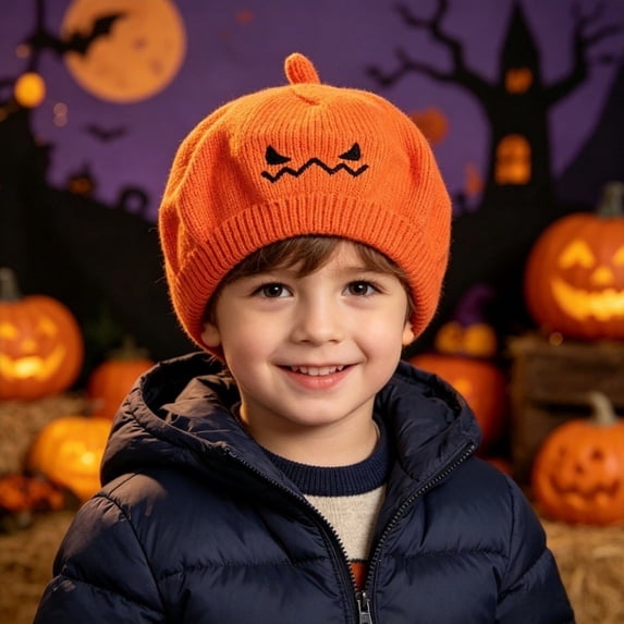CUZIBR Children Halloween Knitted Beret With Pumpkin Face Embroidery Soft Stretchy Warm Hat Kids Boys Holiday Cosplay Party Headwear Accessory