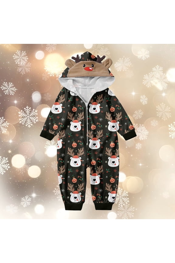 Christmas Family Pajamas Hooded Full Zipper Up Sleepwear Outfits Long Sleeve Cute Snowflake Print One Piece Jumpsuits Loungewear For Baby,Black,9-12 Months