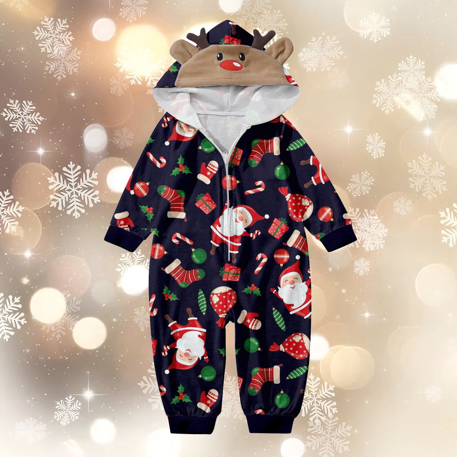 CUZIBR Christmas Family Pajamas Hooded Full Zipper Up Sleepwear Outfits Long Sleeve Cute Snowflake Print One Piece Jumpsuits Loungewear For Baby,Navy,12-18 Months