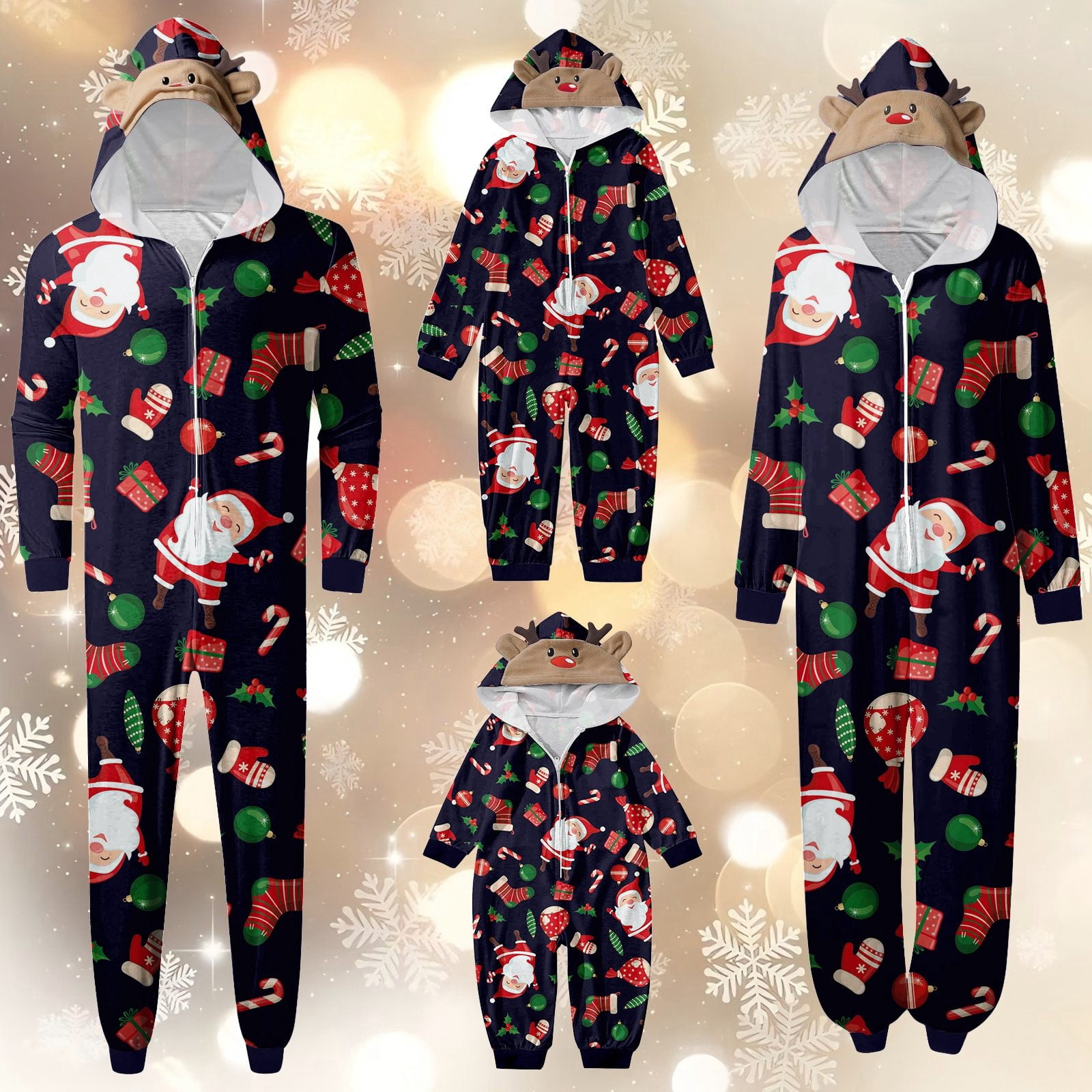 CUZIBR Christmas Family Pajamas Hooded Full Zipper Up Sleepwear Outfits Long Sleeve Cute Snowflake Print One Piece Jumpsuits Loungewear For Dad,Navy,Xxl
