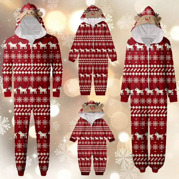 CUZIBR Christmas Family Pajamas Hooded Full Zipper Up Sleepwear Outfits Long Sleeve Cute Snowflake Print One Piece Jumpsuits Loungewear For Women,Red,S