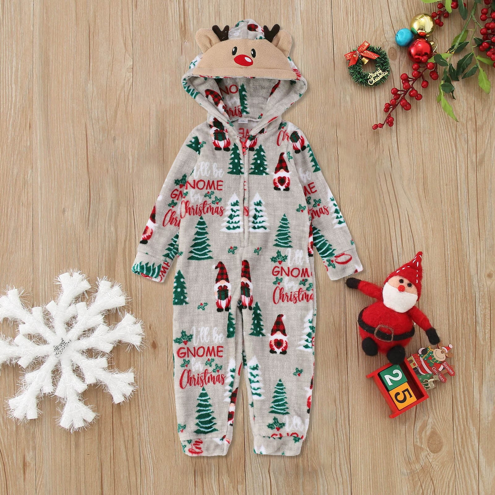CUZIBR Christmas Family Pajamas Thickened Downy Long Sleeve Hooded Full Zipper Up Overall Sleepwear Outfits Lovely Snowflake Snowman Print One Piece Jumpsuits Loungewear For Baby,Grey,6-9 Months