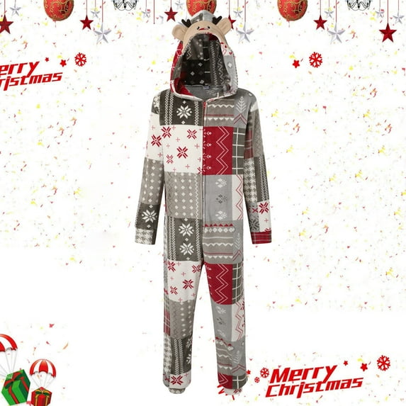 CUZIBR Christmas Family Pajamas Thickened Downy Long Sleeve Hooded Full Zipper Up Overall Sleepwear Outfits Lovely Snowflake Snowman Print One Piece Jumpsuits Loungewear For Men,Wine,Xl