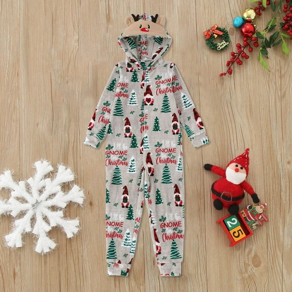 CUZIBR Christmas Family Pajamas Thickened Downy Long Sleeve Hooded Full Zipper Up Overall Sleepwear Outfits Lovely Snowflake Snowman Print One Piece Jumpsuits Loungewear For Kid,Light Gray,6-7 Years