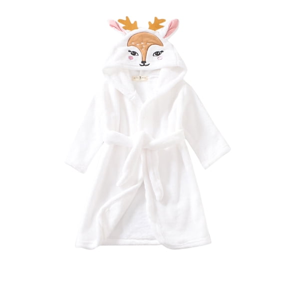 CUZIBR Christmas Outfit For Kids Stylish Cartoon Print Hoodies Bathrobes Long Sleeve Fuzzy Thermal Night-Robe With Belt Solid Color Sleep Robe Sleeping Clothing Suit,White,3-4 Years