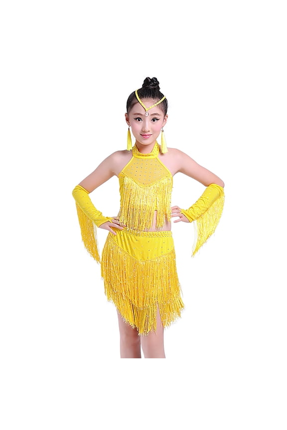Christmas Outfit For Kids Tassels Dancewear Sleeveless Sequins Halter Neck Short Crop Skirts Latin Dress Set Stage Performance Clothes Jogging Sets,Yellow,3-4 Years