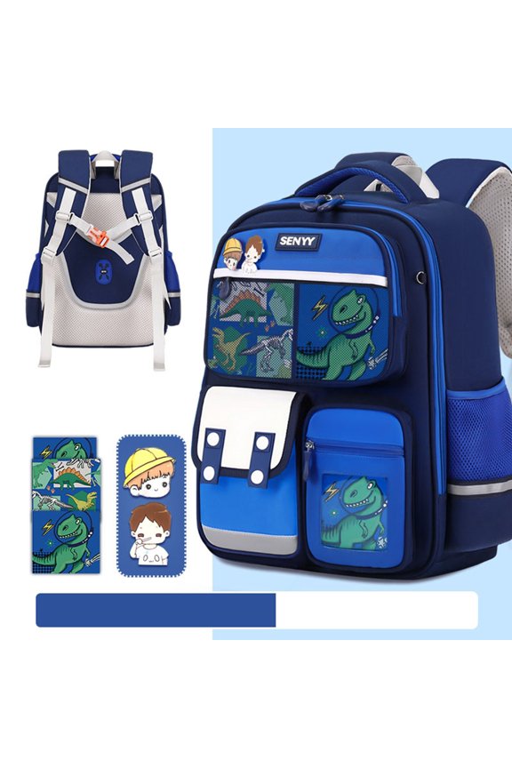 Color Block Dinosaur Print Boys School Backpack Removable Cartoon Stickers Side Mesh Pockets Reflective Strip Adjustable Strap Large Capacity Student Book Bag