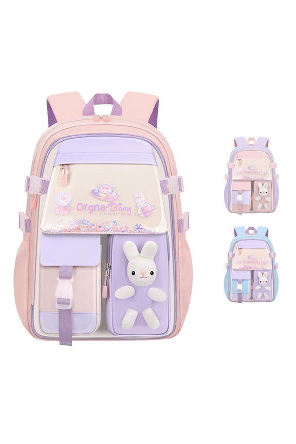 Color Block Girls School Backpack Cute 3D Rabbit Sequins Transparent Pocket Multi Compartment Adjustable Padded Straps Large Capacity Student Book Bag For Girls Daily Use
