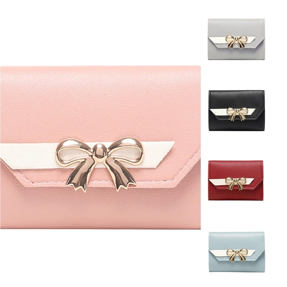 CUZIBR Color Block Small Card Wallet With Gold Metal Bow Mini Purse Multi Card Pocket Clutch For Teen Girls Daily Shopping Travel Everyday Outdoor Use