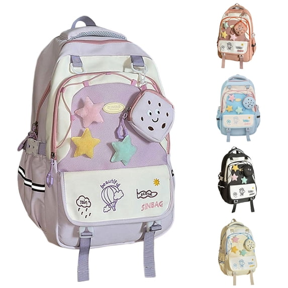 CUZIBR Color Block Student Backpack With Star Cartoon Purse Multi Compartment Book Bag Padded Adjustable Shoulder Straps Side Water Bottle Pocket Lightweight Rucksack For Girls