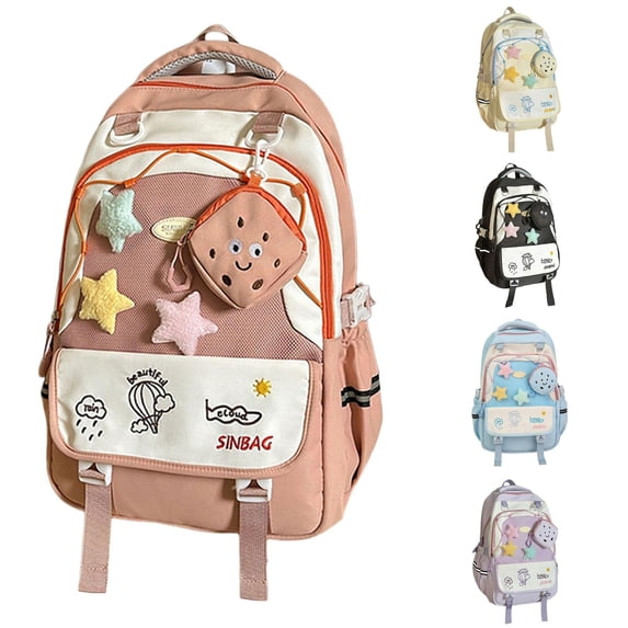 CUZIBR Color Block Student Backpack With Star Cartoon Purse Multi Compartment Book Bag Padded Adjustable Shoulder Straps Side Water Bottle Pocket Lightweight Rucksack For Girls