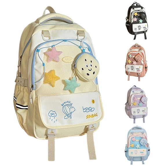 CUZIBR Color Block Student Backpack With Star Cartoon Purse Multi Compartment Book Bag Padded Adjustable Shoulder Straps Side Water Bottle Pocket Lightweight Rucksack For Girls