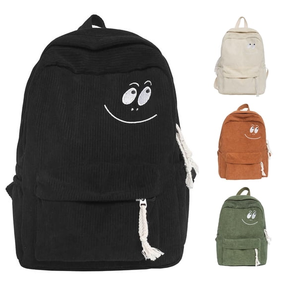 CUZIBR Corduroy Casual Backpack Cute Pattern Embroidery Adjustable Shoulder Strap Large Capacity Multi Pocket Daypack For Teen Girls College School Daily Commute Weekend Travel