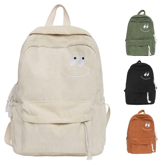 CUZIBR Corduroy Casual Backpack Cute Pattern Embroidery Adjustable Shoulder Strap Large Capacity Multi Pocket Daypack For Teen Girls College School Daily Commute Weekend Travel