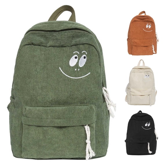 CUZIBR Corduroy Casual Backpack Cute Pattern Embroidery Adjustable Shoulder Strap Large Capacity Multi Pocket Daypack For Teen Girls College School Daily Commute Weekend Travel