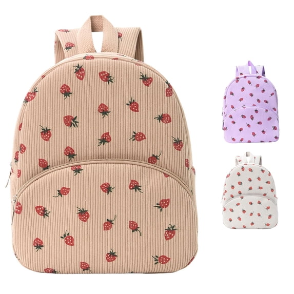 CUZIBR Corduroy Strawberry Print Mini Backpack Adjustable Shoulder Strap Kids Backpack Cute Fruit Pattern Small School Bag Daypack For Little Girls Travel Back To School Use