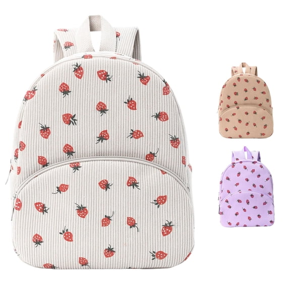 CUZIBR Corduroy Strawberry Print Mini Backpack Adjustable Shoulder Strap Kids Backpack Cute Fruit Pattern Small School Bag Daypack For Little Girls Travel Back To School Use