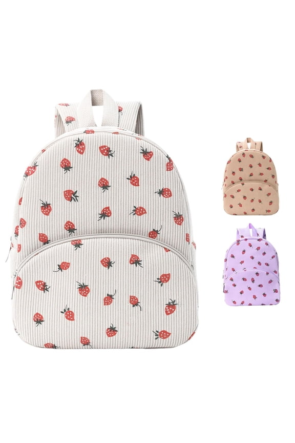 Corduroy Strawberry Print Mini Backpack Adjustable Shoulder Strap Kids Backpack Cute Fruit Pattern Small School Bag Daypack For Little Girls Travel Back To School Use