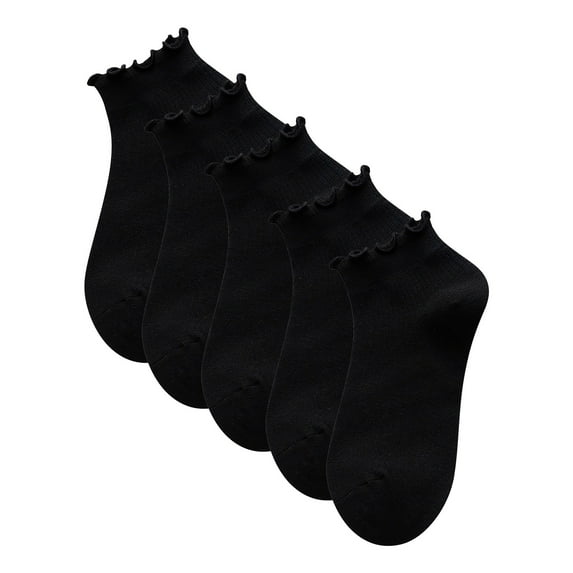 CUZIBR Cozy Socks 5 Pairs Ruffles Solid Color Ankle Socks Low Cut Leisure Soft Cozy Boat Socks Casual Breathable Socks,Black,One Size