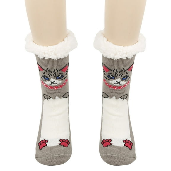 CUZIBR Cozy Socks Fuzzy Slipper Socks Thick Warm Plush Lined Cute Animal Pattern Winter Thermal Non- Booties Stocking Breathable Lightweight Footwear,Grey,One Size