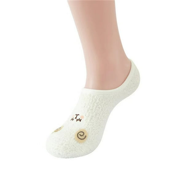 CUZIBR Cozy Socks Low Cut Cute Animal Pattern Fuzzy Warm Ankle Socks Grip Silicone No Show Slippers Coral Velvet Yoga Boat Socks Breathable Lightweight Footwear,White,One Size