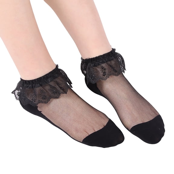 CUZIBR Cozy Socks For Women Ballet Dress Ankle Socks Lace Ruffles Solid Short Stockings Splice Transparent Boat Socks Casual Breathable Socks,Black,One Size
