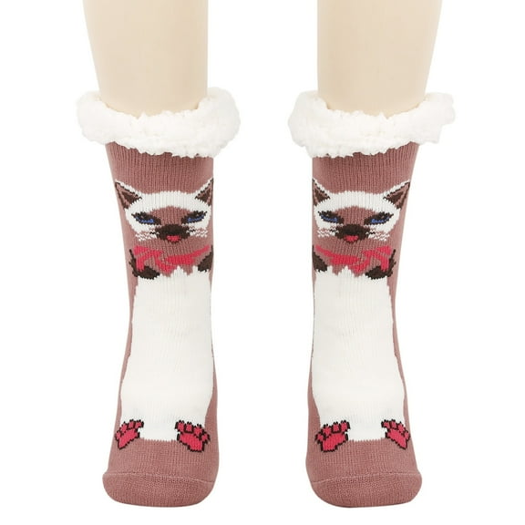 CUZIBR Cozy Socks For Women Fuzzy Slipper Socks Thick Warm Plush Lined Cute Animal Pattern Winter Thermal Non- Booties Stocking Comfy Dailywear,Pink,One Size