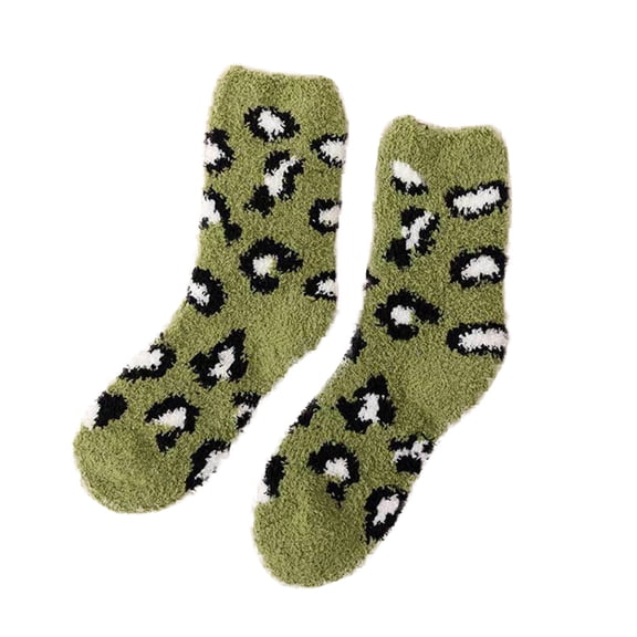 CUZIBR Cute Socks Fashion Fuzzy Lined Leopard Print Crew Socks Winter Soft Warm Boot Socks Ladies Patchwork Thick Plush Comfy Dailywear,Green,One Size
