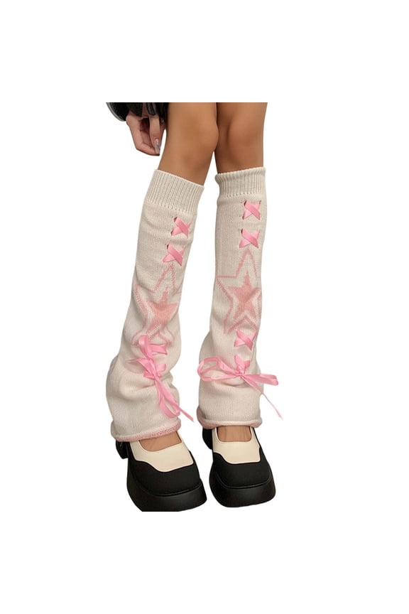 Cute Socks Knitted Leg Warmers Flared Boot Sleeves Star Print Ribbon Boho Knee High Footless Socks Athletic Layered Leggings Fuzzy Socks,White,One Size