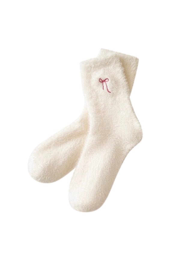Cute Socks Winter Fuzzy Lined Crew Socks Cute Bow Embroidery Solid Warmth Plush Stockings Breathable Lightweight Footwear,Beige,One Size