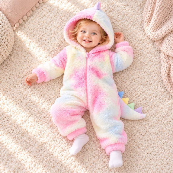 CUZIBR Dinosaur Baby Boy Girl Fuzzy Halloween Onesie Animal Romper Jumpsuit Tie Dye Hooded Zip Up Long Sleeve Lovely Cosplay Party Clothes,Pink,3-6 Months