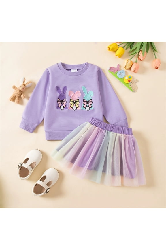 Easter Girls Outfits Tracksuit Long Sleeve Relaxed Crewneck Bunny Embroidered Pullover Sweatsuit Top Rainbow Skirt Two Piece Stes Holiday Party Spring Summer Dailywear,Purple,6-12 Months