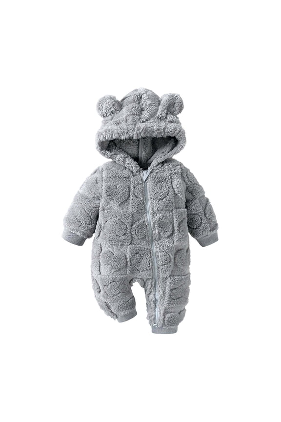 Fall Girls Outfit Jumpsuit Wool Fuzzy Thickened Warm Hooded Long Sleeve Solid Color Zipper Bodysuit Winter Romper Sweatsuit Clothing Sets,Grey,12-18 Months