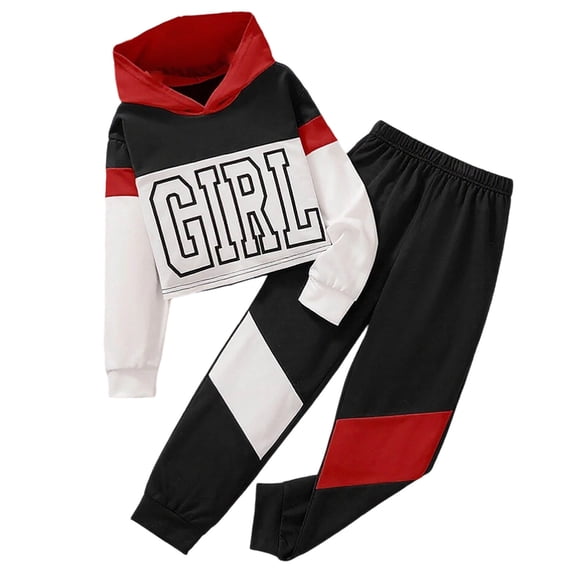 CUZIBR Fall Girls Outfit Sweatshirt Suit Hoodie Long Sleeve Pullover Matching Trousers Color Block Letter Print Sport Sets Kids Clothing Set,Red,10-11 Years