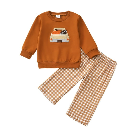 CUZIBR Fall Outfits Boys Spring Sweatsuits Football Sportswear Embroidered Long Sleeve Pullovers Top Plaid Jogger Pants Comfortable Clothing Sets,Brown,6-12 months