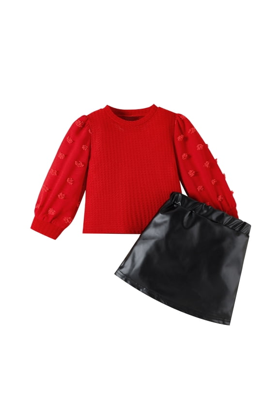Fall Outfits For Boys Sweatsuits Puff Long Sleeve Solid Color Crewneck Floral Pattern T Shirt Pullover Tops And Leather Mini Skirts Stylish Comfy Streetwear,Red,18-24 Months