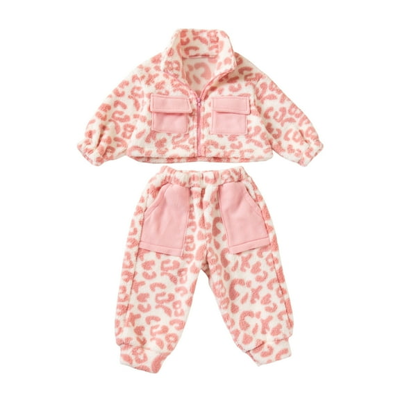 CUZIBR Fall Outfits For Girls Tracksuit Thick Fuzzy Leopard Print Long Sleeve Zip Up Square Collar Jacket And Pants Winter 2 Piece Clothing Set,Pink,1-2 Years