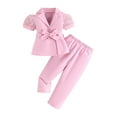 thumbnail image 1 of CUZIBR Fall Outfits For Girls Two Piece Stylish Clothing Sets Short Mesh Puff Sleeve Notched Collar Cute Bow Belt Button Jacket Tops And Wide Leg Trousers Fashionable Cozy Suits,Pink,7-8 Years, 1 of 5