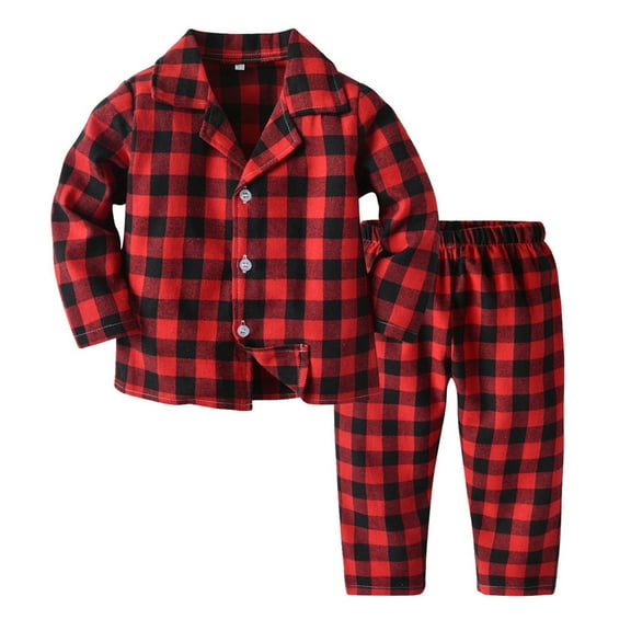 CUZIBR Fall Outfits For Girls Two-Piece Suit Plaids Button Down Notched Shirts Trousers Home Coats Outfits Set Winter Warm Sleeping Clothing Suit,Red,18-24 Months
