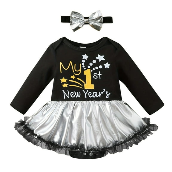CUZIBR My First New Years Baby Girl Outfits Baby New Years Outfits O-Neck Long Sleeve Romper Dress Sets With Bow Headband Birthday Dailywear For Toddler