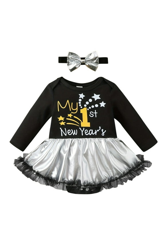 My First New Years Baby Girl Outfits Baby New Years Outfits O-Neck Long Sleeve Romper Dress Sets With Bow Headband Birthday Dailywear For Toddler
