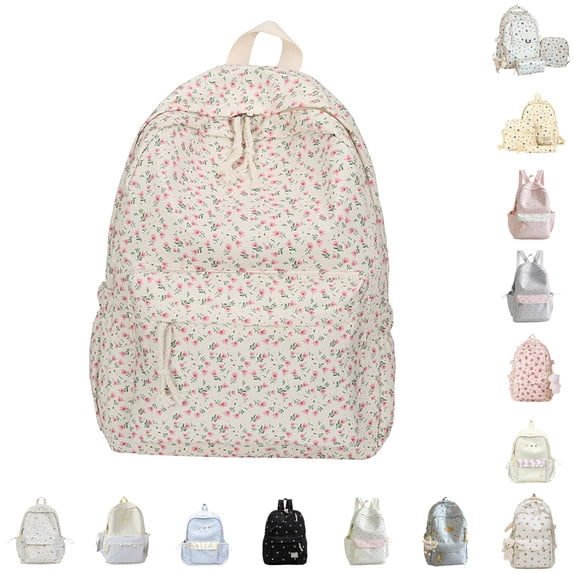 CUZIBR Floral Polka Dot Backpack For Teen Girls Casual Canvas School Backpack Lightweight Student Travel Daypack With Front Pocket