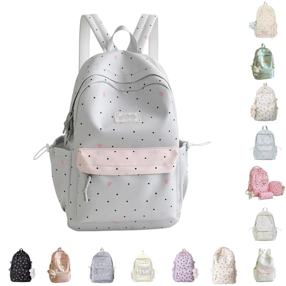 CUZIBR Floral Polka Dot Backpack For Teen Girls Casual Canvas School Backpack Lightweight Student Travel Daypack With Front Pocket