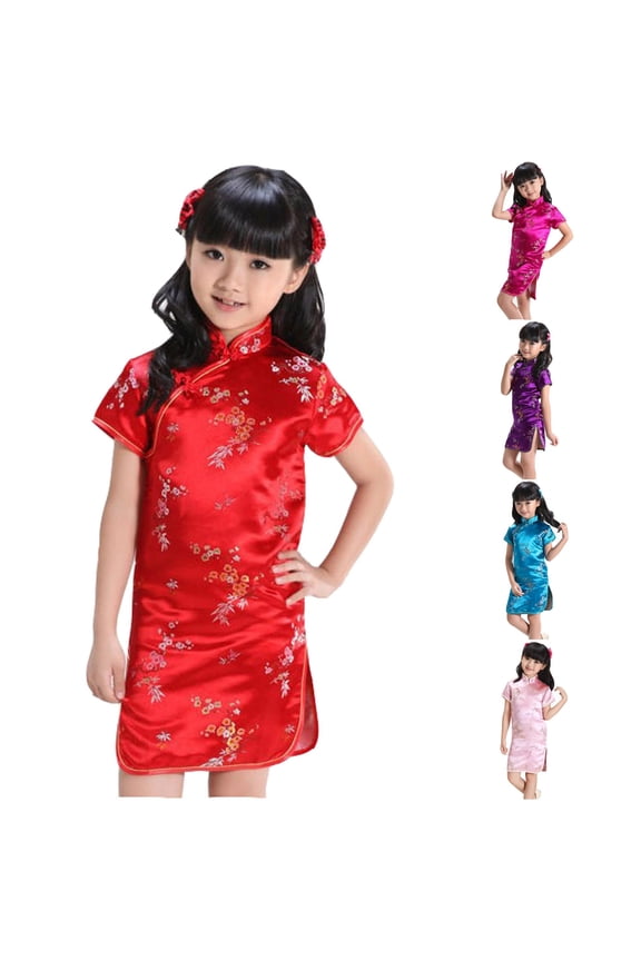 Flower Girl Dress Chinese Cheongsam For Baby Toddler Short Sleeve Stand Collar Slim Fit Summer Breathable Lightweight Slim Fit Side Split Mini Dress Kids Birthday Party Outfits,Red,4-5 Years