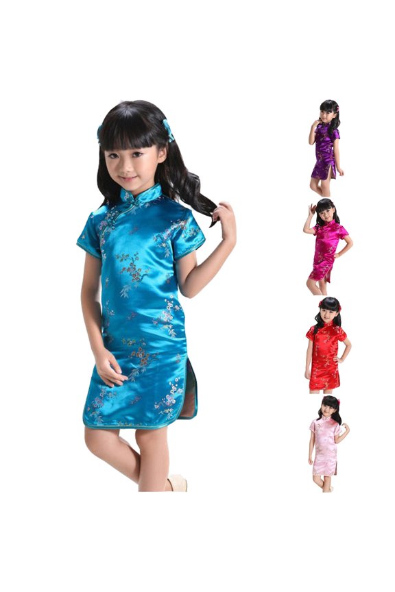 Flower Girl Dress Chinese Cheongsam For Baby Toddler Short Sleeve Stand Collar Slim Fit Summer Breathable Slim Fit Side Split Mini Dress Kids Birthday Party Outfits,Sky Blue,4-5 Years